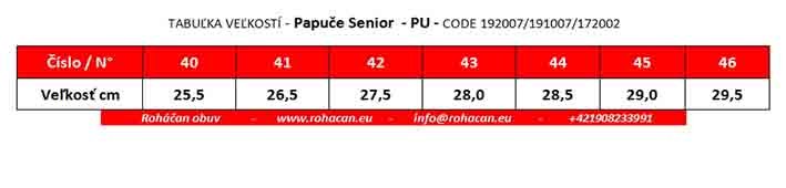 Papuče senior - tabuľka veľkostí