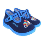 Detské veselé textilné papučky, prezuvky modré s výšivkou motorky a ortopedickou stielko
