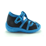 Detské veselé textilné papučky, prezuvky modré s výšivkou a ortopedickou stielkou